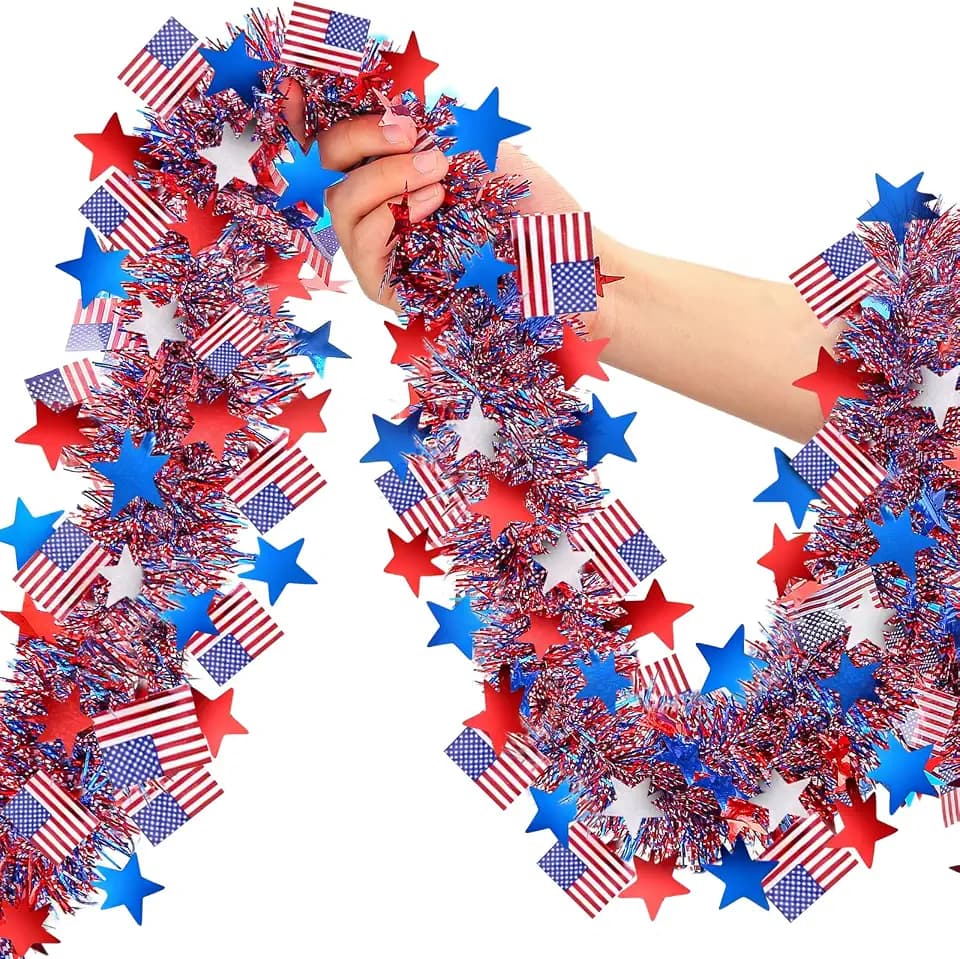 50FT 4th of July Decorations, 4th of July Tinsel Garland Red White and Blue Garland Metallic Tinsel Twist for Holiday Party Home Memorial Day 250th Anniversary Independence Day 4th of July Decorations