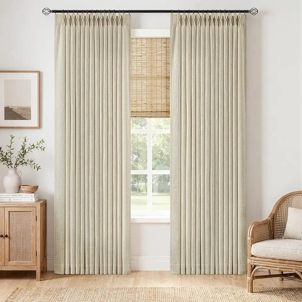 MIULEE Pinch Pleated Thick Linen Curtains 90 Inch Beige Window Curtains