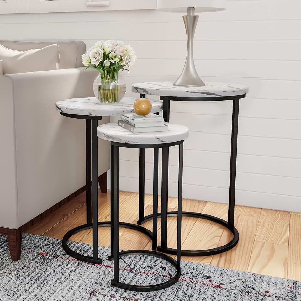 Lavish Home Round Nesting Tables Set of 3, Faux Marble Tabletop, White