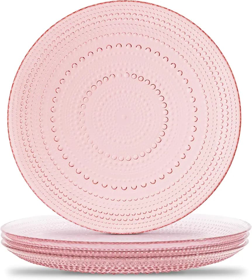 Pink Hobnail Dinner Plates Set of 4 Pressed Glass 10.5 Inch