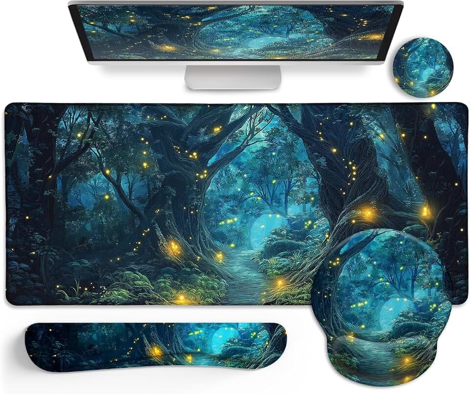 LIMKRIAN Mouse Pad with Wrist Rest, Firefly Forest Computer Desk Mat Set