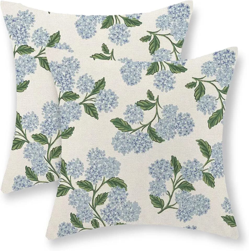 Hydrangea Floral Pillow Covers 16x16 Set of 2 Spring Summer Blue Green Floral Pillow Cases Vintage Flower Decor Outdoor Throw Pillows Linen Seasonal Decorative Cushion Case for Couch Home