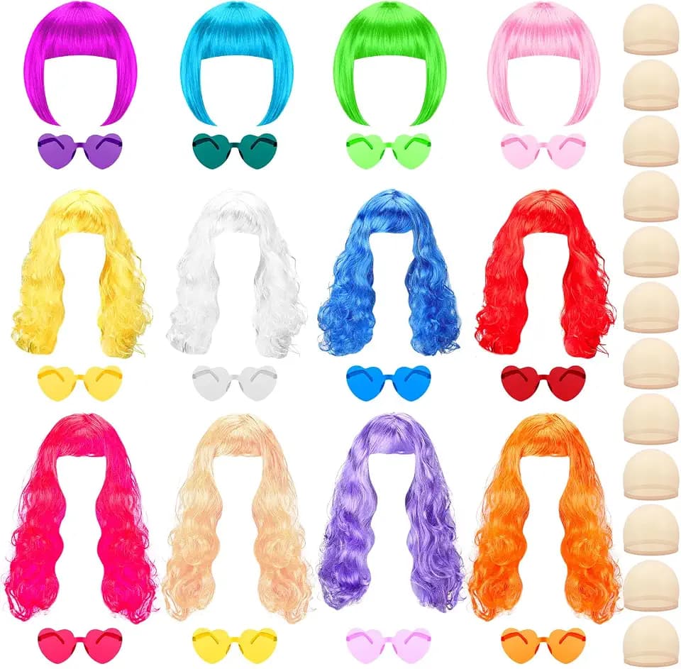 36 Pcs Colored Wig Set with 12 Pcs Wig Caps and Sunglasses