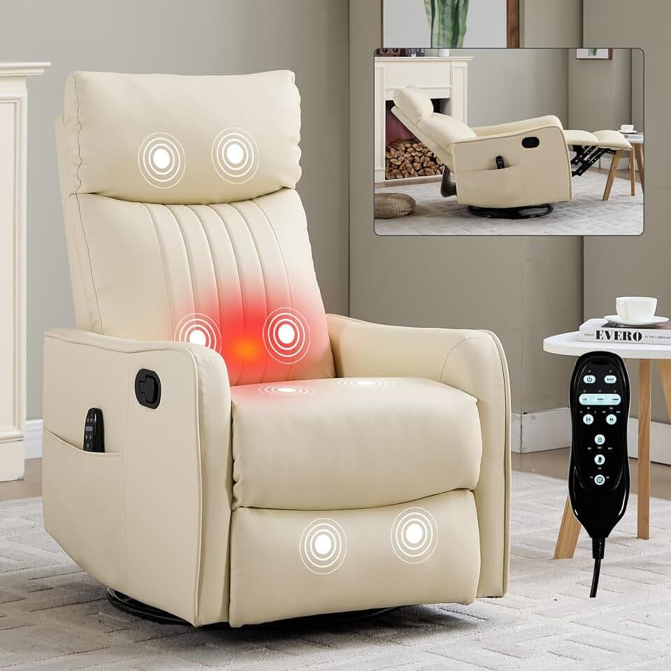 GDFStudio 24.4" Accent Seat, Comfy Lounge Recliner, Swivel Massage Chair with 8 Point Vibration and Lumbar Heat, Manual Rocking Recliner with 155 Degree Recline for Living Room, Beige + Faux Leather