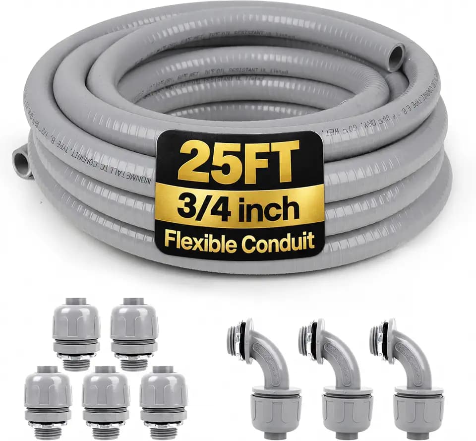 3/4inch 25ft Liquid-Tight Conduit and Connector Kit,Flexible Non-Metallic Liquid Tight Electrical Conduit Kit with 5 Straight and 3 90-Degree Connector Fittings,3/4 in. Dia