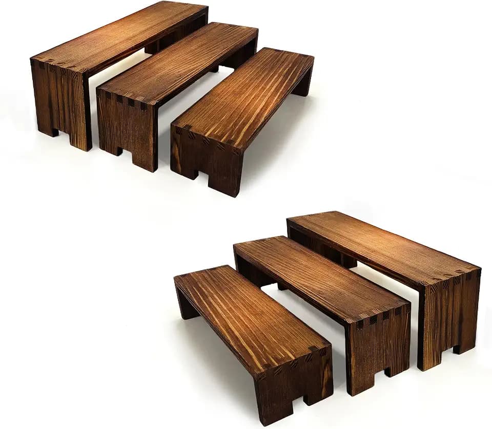 Yikaroeli 2 Set Wood Display Risers Small Wooden Stand for Display Cupcake Stands 9.4"-7.8" Graduated Sizes 3 Tiered 6Pcs Dessert Display Stands for Vendor Events (Brown)