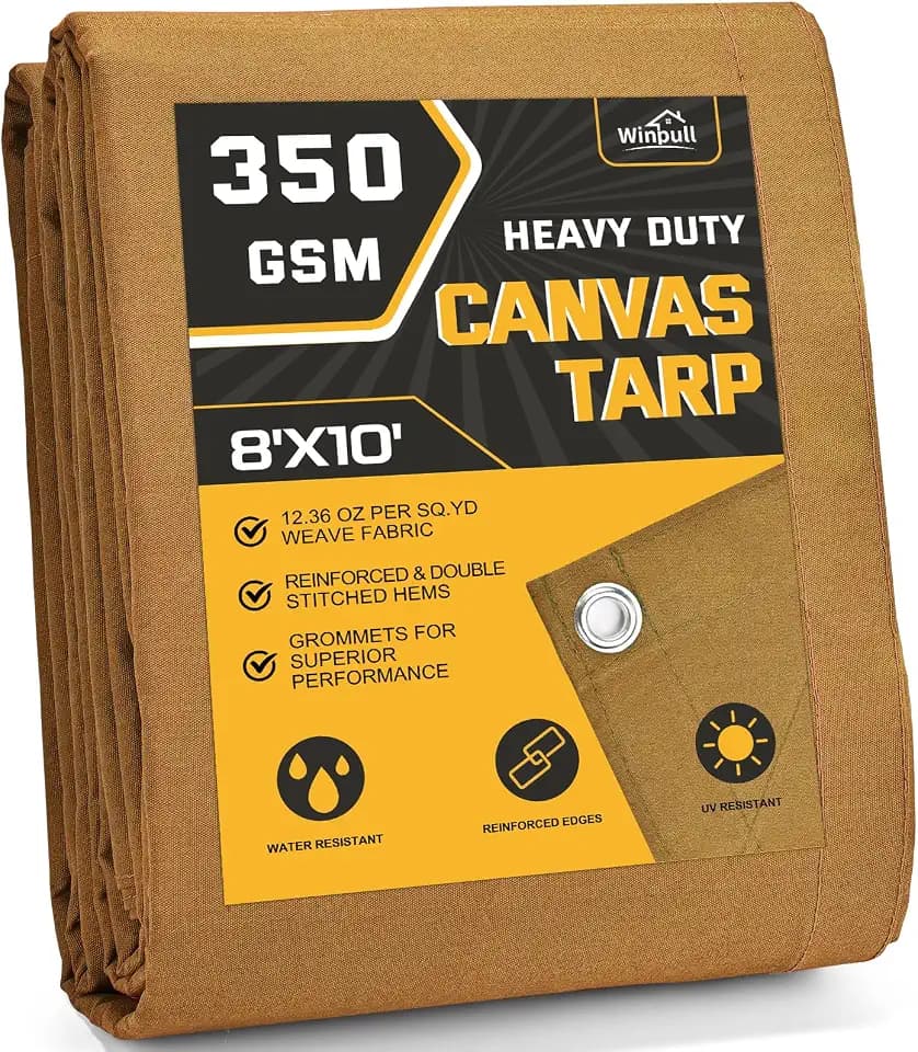 Winpull Heavy Duty Canvas Tarp 8x10 ft, 12oz (350 GSM) Polyester Canvas Water-Resistant Tarp with Rustproof Grommets, Tear-Resistant Outdoor Cover for Wood Piles, Camping, Trailer & Equipment