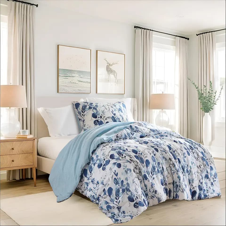 Lightweight Seersucker Botanical Twin Size Comforter Set, 2 Pieces Reversible Design Bed Comforter, Premium Microfiber Bedding Set, Comforter and Sham Set, Blue
