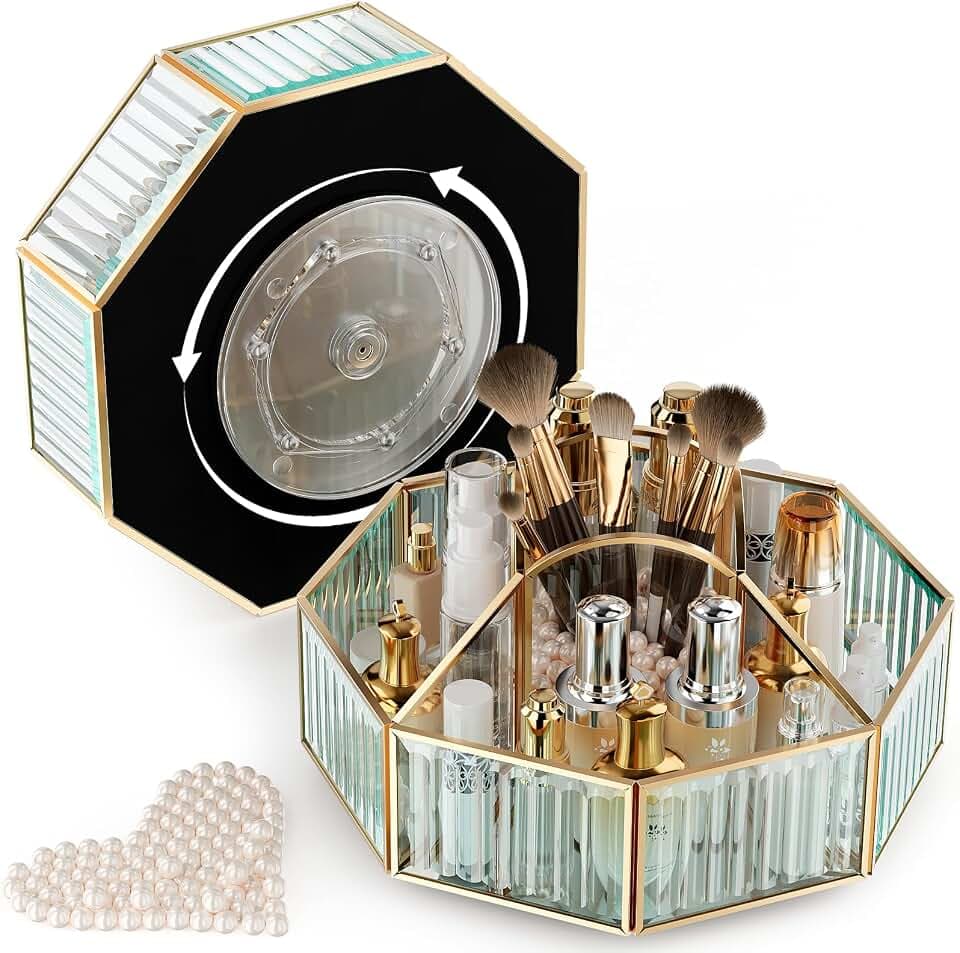 CoralHouse Rotating Glass Makeup Organizer for Vanity with Brush Holder