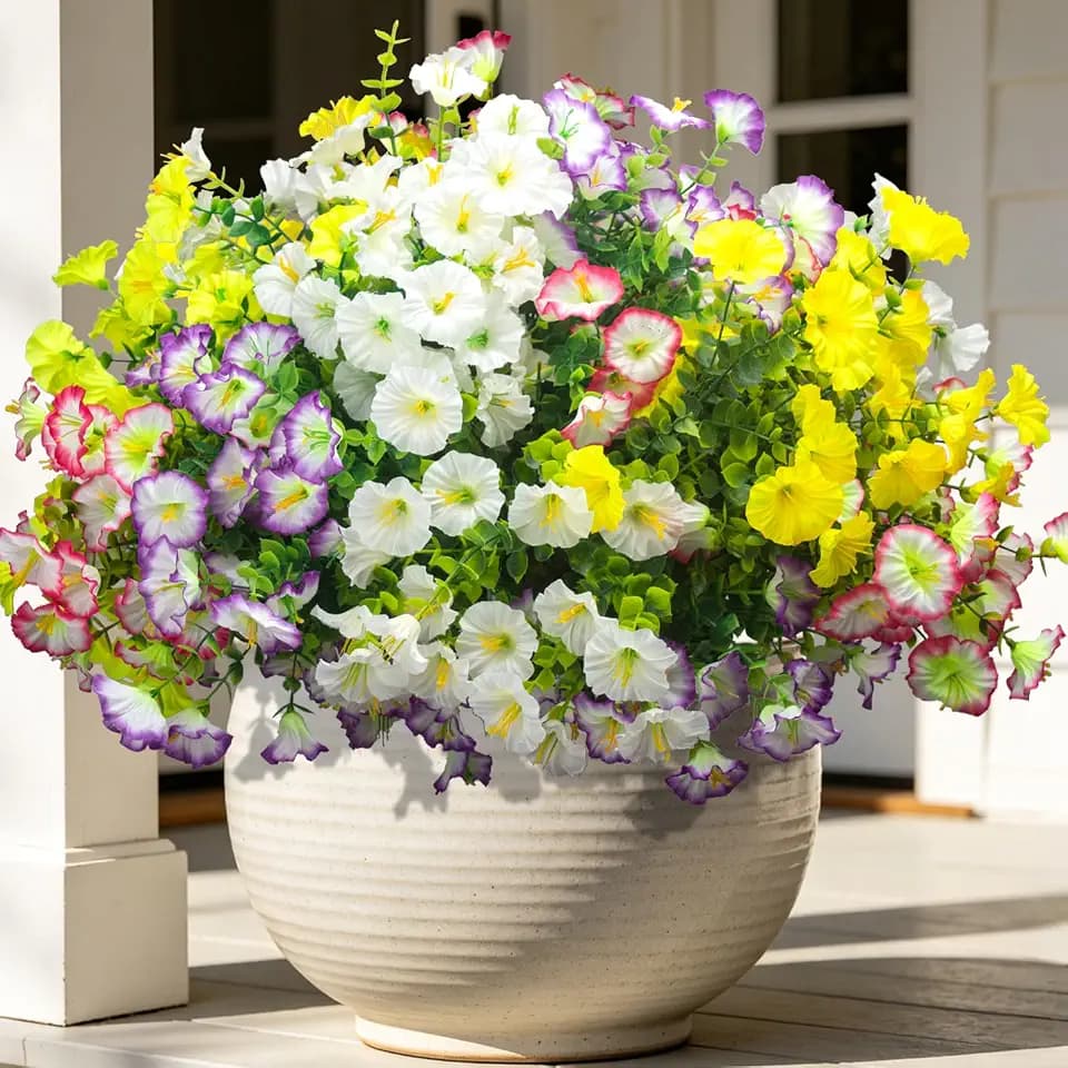 16 Bundles Artificial Flowers for Outdoors Fake Plants Outside Decoration, Morning Glory UV Resistant Realistic Faux Flowers for Planter Porch Patio Yard Garden (Mix3 (White, Yellow,Purple,Pink))