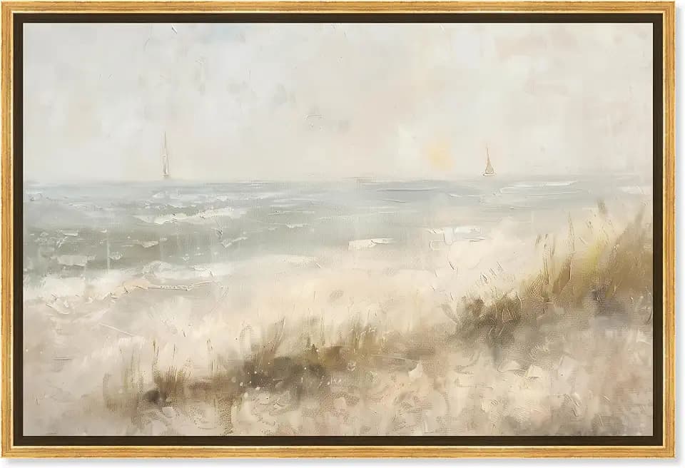 Art Remedy Early Morning On The Shore Beach Coastal Inspired Canvas Wall Art, Gold Floater Frame, 45"x30"