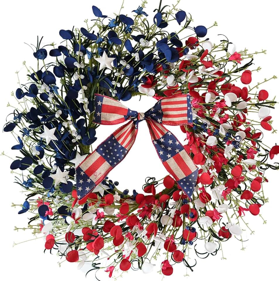 TEMPUS 24 Inch Patriotic Wreath for Front Door, 4th of July Decorations with Red White Blue Boxwood Leaves, Memorial Day Independence Day Labor Day Decor, Summer Outdoor Indoor Hanging Decor