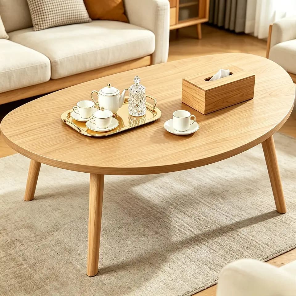 Coffee Table Low Table with Solid Wood Legs, 31.5x19.7 Large Coffee Table Side Table, Floor Table Desk for Sitting on The Floor, Living Room Furniture for Office Apartment Home, Pebble-Natural