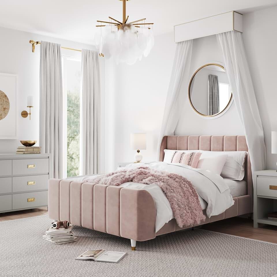 Max & Finn Valentina Kids' Full Upholstered Bed, Pink Velvet