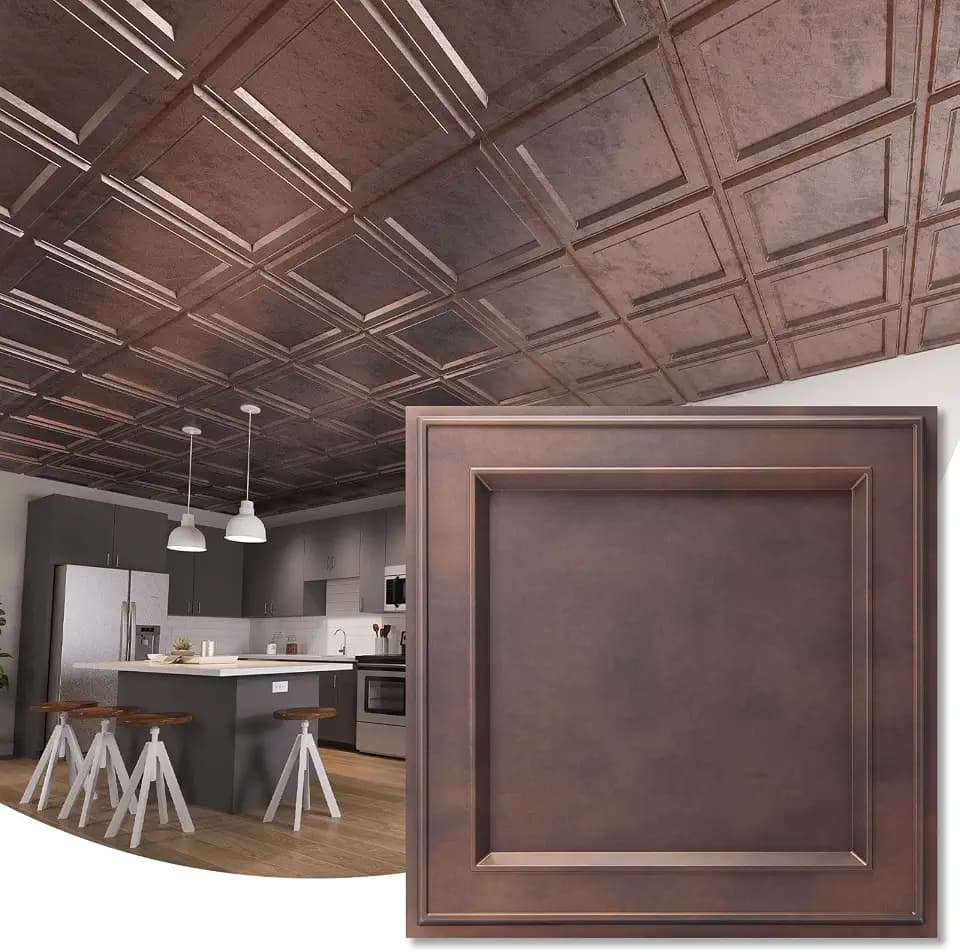 WOWSTAR 12-Pack 24"x24" Drop Ceiling Tiles, Waterproof Glue up Ceiling Panels, Modern Style 3D Wall Panels, Antique Copper