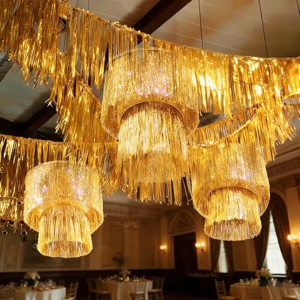 6 Pcs 2 Tier Gold Fringe Tinsel Chandelier Metallic Foil Fringe Tassels