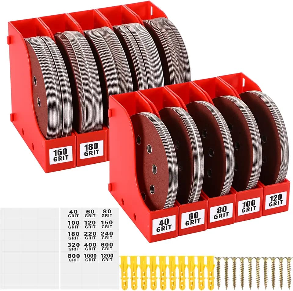 Geelin 10 Pack Sandpaper Storage Organizer Boxes 5 Inch Sanding Discs Tool Storage Set with Grit Labels and Expansion Screws Individual Connectable Sanding Discs Organizer Rack for Gift (Red)