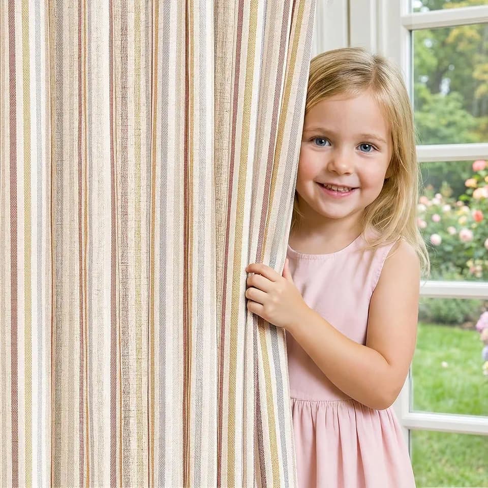 jinchan Linen Curtains 84 inch Red Stripe for Kids Room Grommet 2 Panels