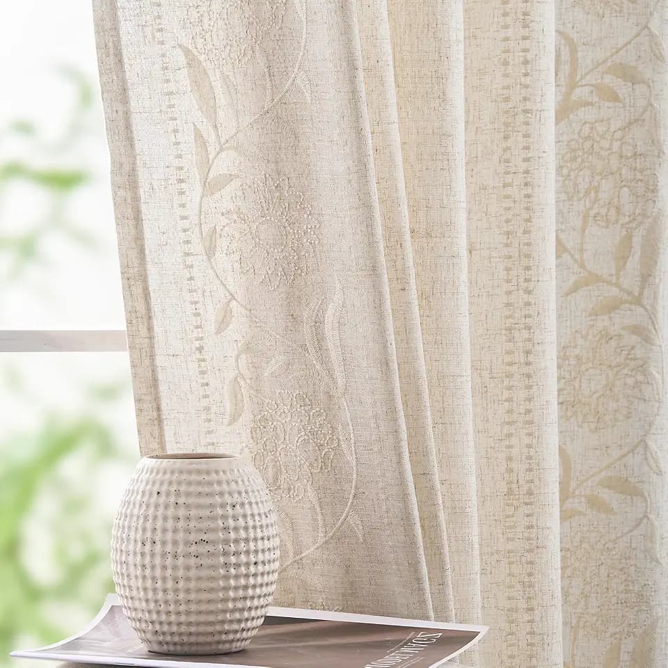 jinchan Ivory Floral Linen Curtains for Living Room 90" Back Tab 2 Panels