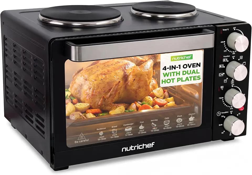 NutriChef 30 Quart Kitchen Convection Oven & 2 Burner Cooker - 1500 Watt Oven - 7 Cook Functions Rotisserie, Cook, Bake, Broil & More - Includes Baking Tray, Skewers & Handles - 19.6 x 16.0 x 13.5 IN