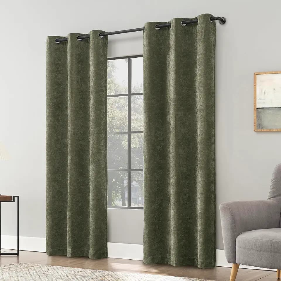Sun Zero Isidora Velvet Magnetic Closure 100% Blackout Grommet Curtain Panel, 40" x 84", Olive Green