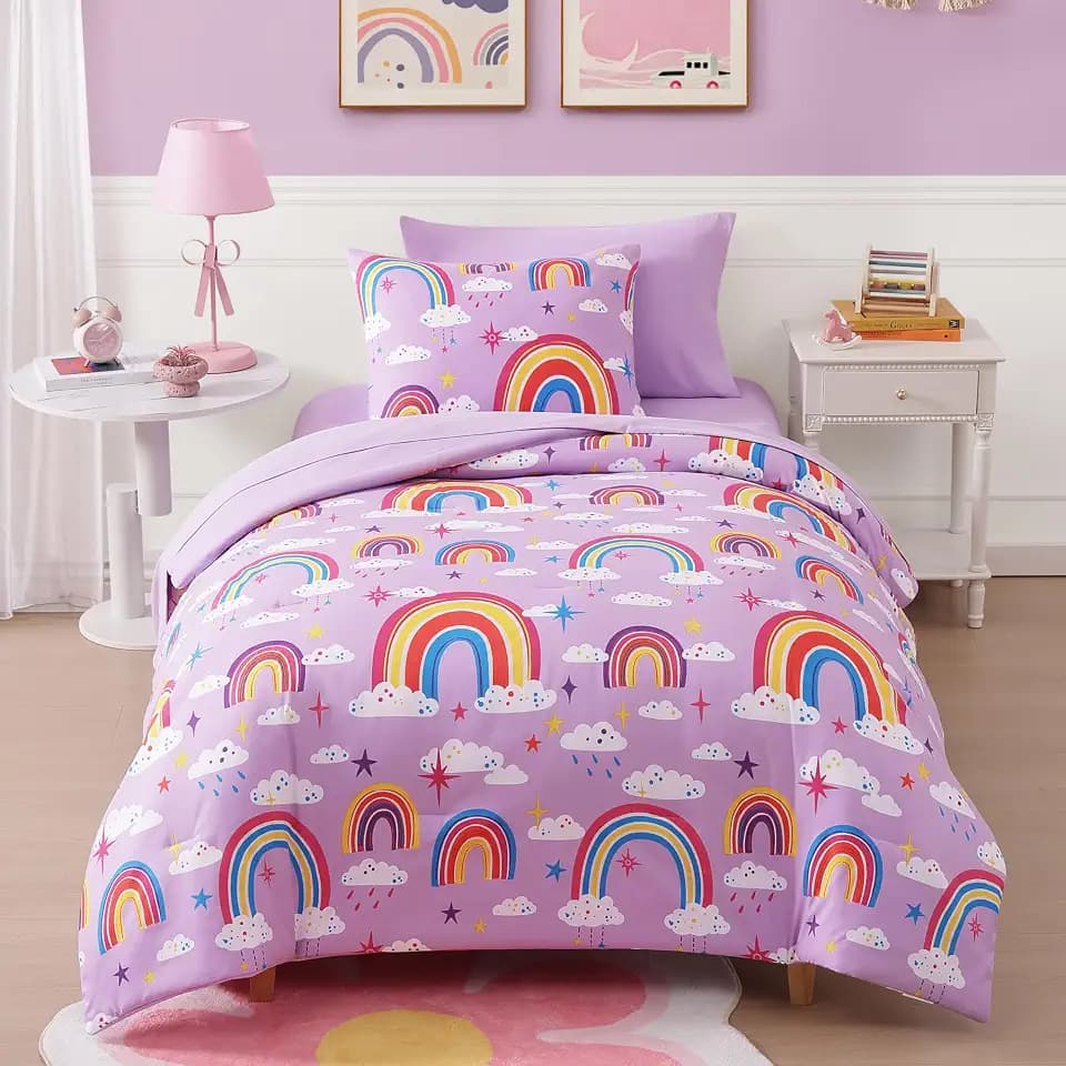 Twin Comforter Set for Girls - 5 Pieces Purple Rainbow Twin Bedding Sets