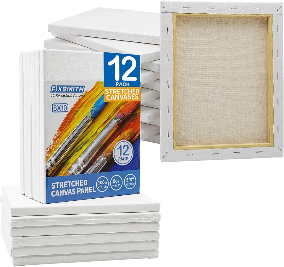 FIXSMITH Stretched Canvas for Painting- 8x10 Inch,Bulk Pack of 12,Primed,100% Cotton,5/8 Inch Profile of Super Value Pack for Acrylics,Oils & Other Painting Media.