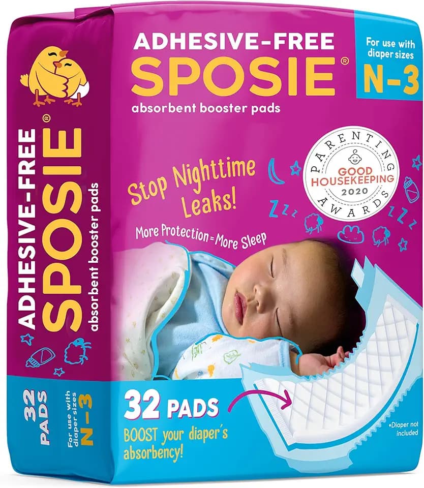 Sposie Overnight Diaper Booster Pads, Stop Diaper Leaks, Size N-3, 32 Ct