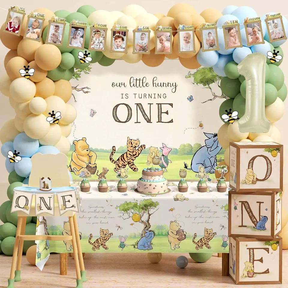 154pcs Winnie First Birthday Decorations Party Set, Classic Winnie Bear 1st Birthday Month Banner, High Chair Banner, ONE Box, Balloon Arch, Crown, Tablecloth, Backdrop, Cake Toppers and Stickers