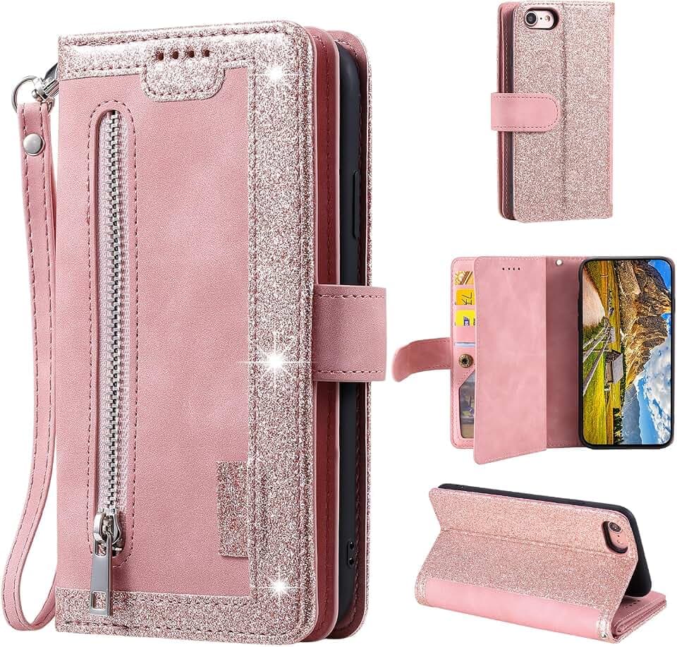 UEEBAI Hülle für iPhone 16e, Retro Leder Klapphülle, Roségold