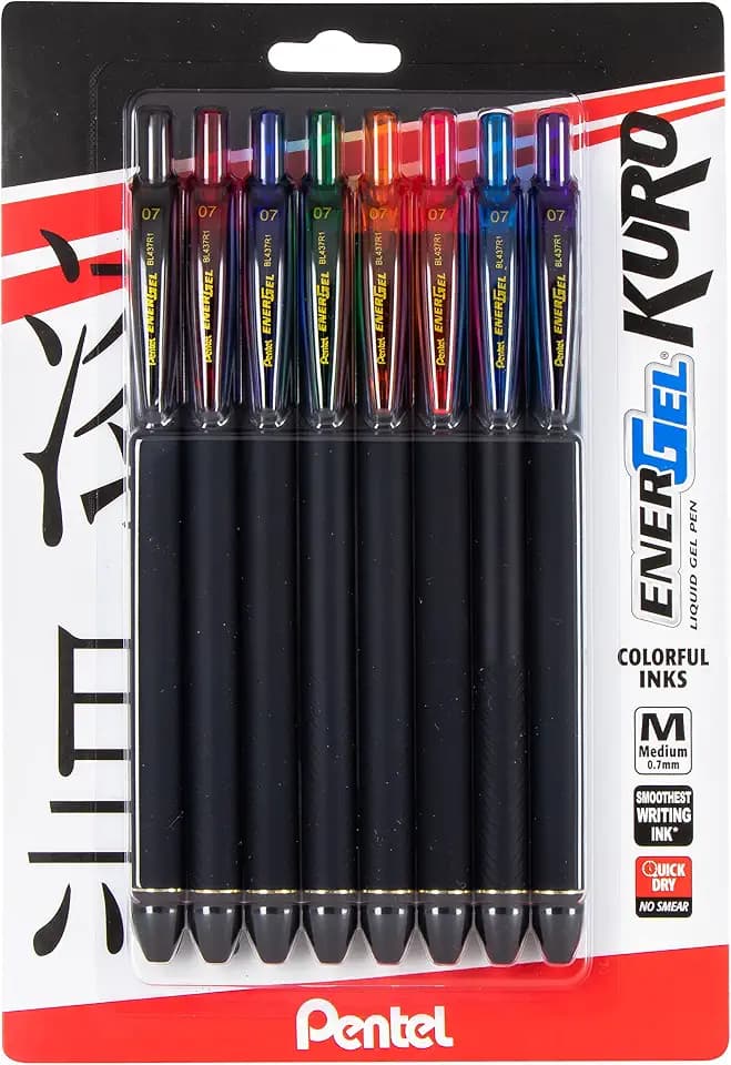 Pentel EnerGel Kuro Liquid Gel Pen, (0.7mm), Medium line, Assorted Ink, Pack of 8 (BL437R1BP8M)