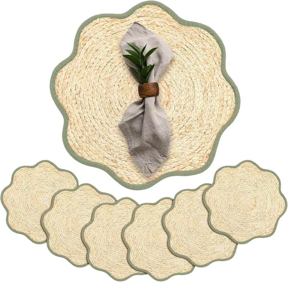 Jingmore 6 Pcs 15 Inch Handwoven Scalloped Placemat,Green