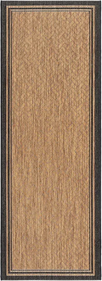 Gertmenian Indoor Outdoor Classic Flatweave Area Rug, Stain & UV Resistant Carpet, Deck, Patio, Poolside & Mudroom, 2x6 Ft Runner, Simple Border, Black Tan, 22013