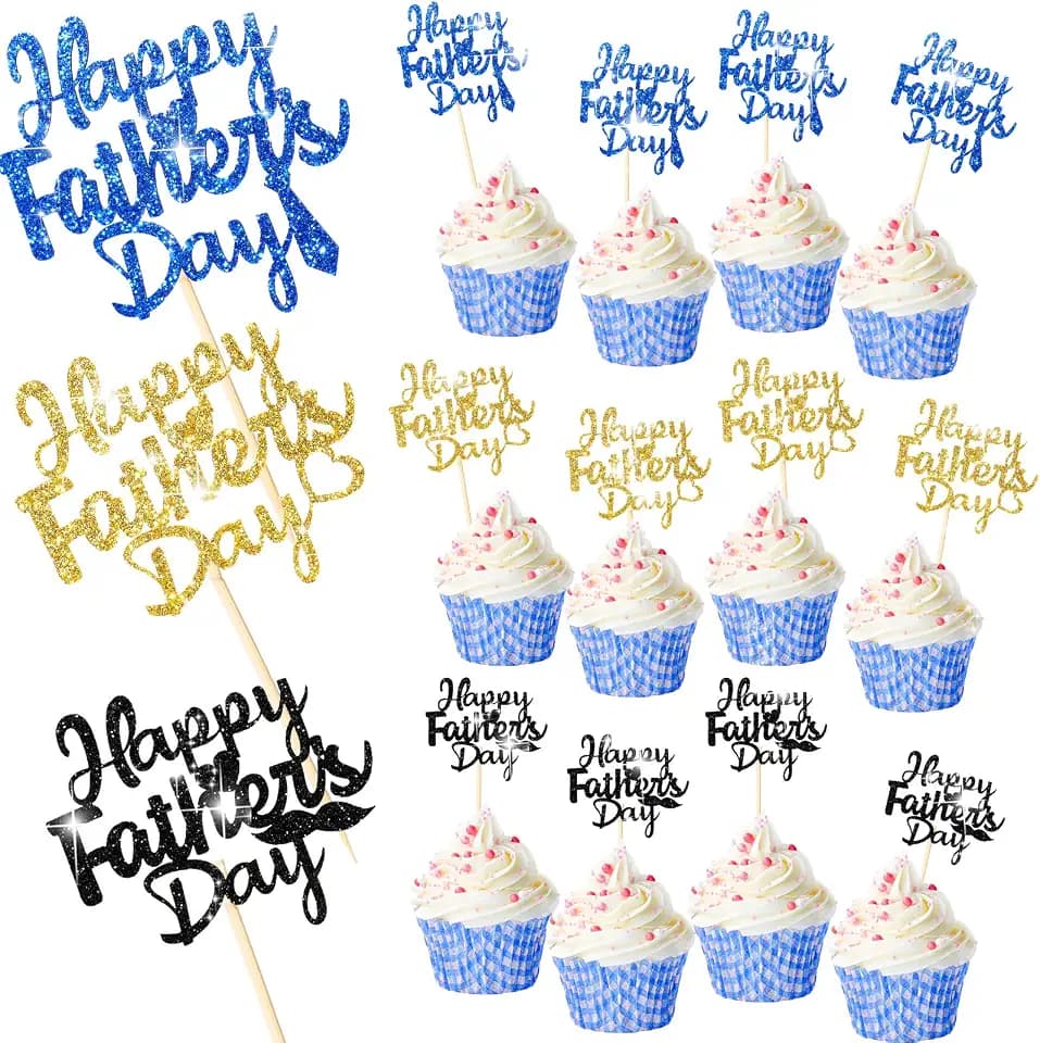 Spakon 60 Pcs Happy Fathers Day Glitter Cupcake Toppers Cupcake Picks Cake Decoration Party Supplies for Party Cupcake Decorations (Novelty Style)