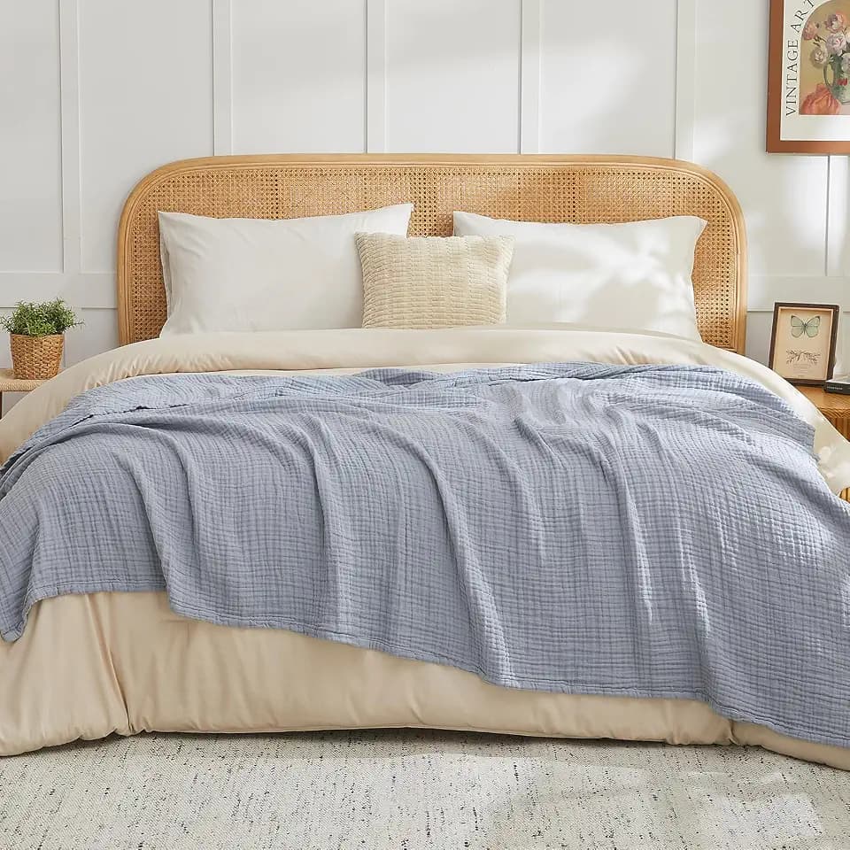 EMME 4 Layer Muslin Cotton Blanket Adults Coverlet,King,Dusty Blue