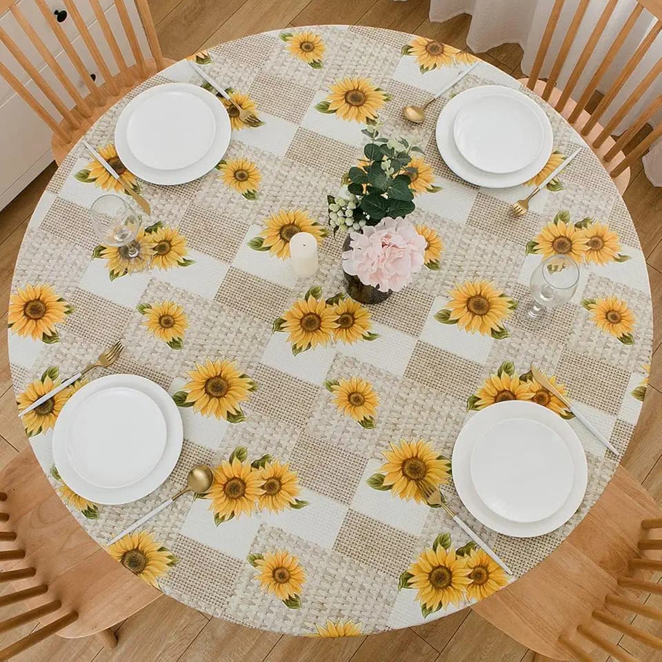 LIBERECOO Round Vinyl Fitted Tablecloth with Flannel Backing Elastic Edge Table Cover Waterproof Stain-Resistant Wipeable Tablecloths Fits 45-56" Round Tables