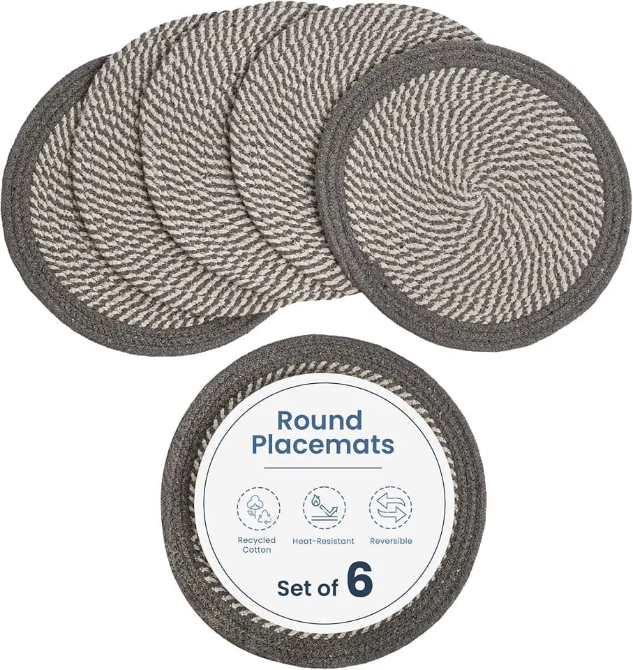 The Fine Living Braided Cotton Placemats, Round Table Mats, Set of 6,13.5"