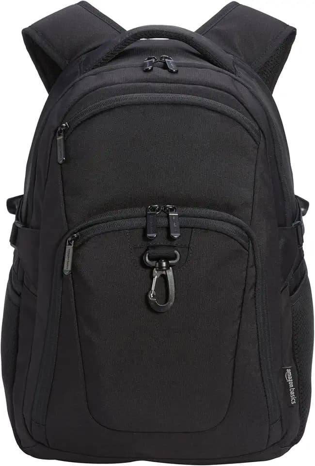 Amazon Basics Laptop Rucksack für 39,6cm (15,6 Zoll) Laptop, Wasserabweisend, mit Gepäckgurt und Brustgurt, für Reisen, Schule oder Büro, Schwarz