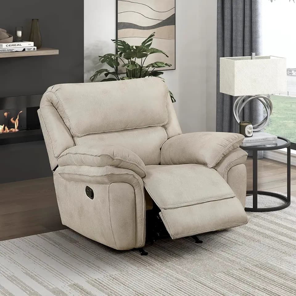Lexicon Rocker Reclining Chair for Adults, Polished Microfiber Manual Rocker Recliner, Single Sofa Chair for Bedroom/Living Room/Reading Nook, Foam Over Pocket Coils, Pillow Top Arms, Sand