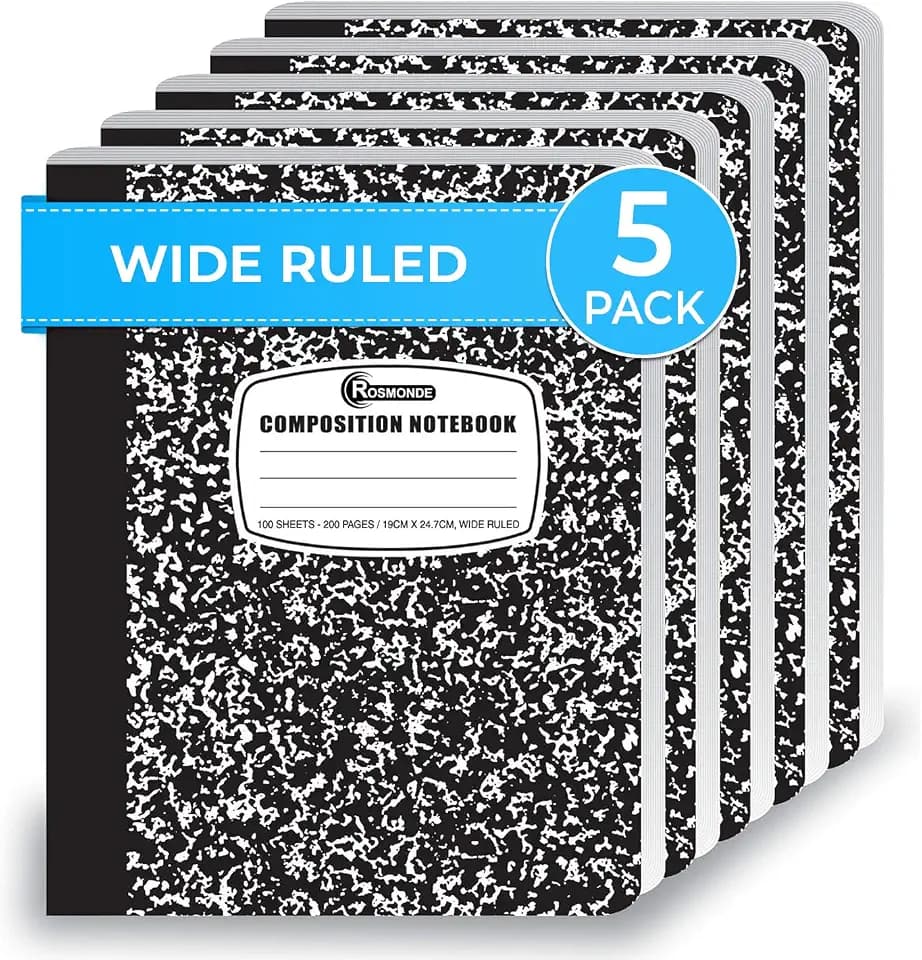 Rosmonde 5 Pack Wide Ruled Composition Notebook, Black Marble Notebooks
