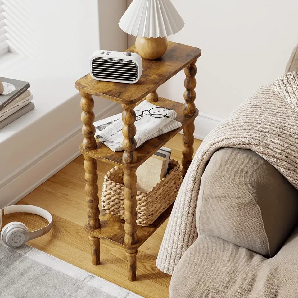Veegle Side Table, Small End Table with Storage Shelf, 3-Tier Small Coffee Tables for Living Room Bedroom Narrow Spaces(Rustic Brown)