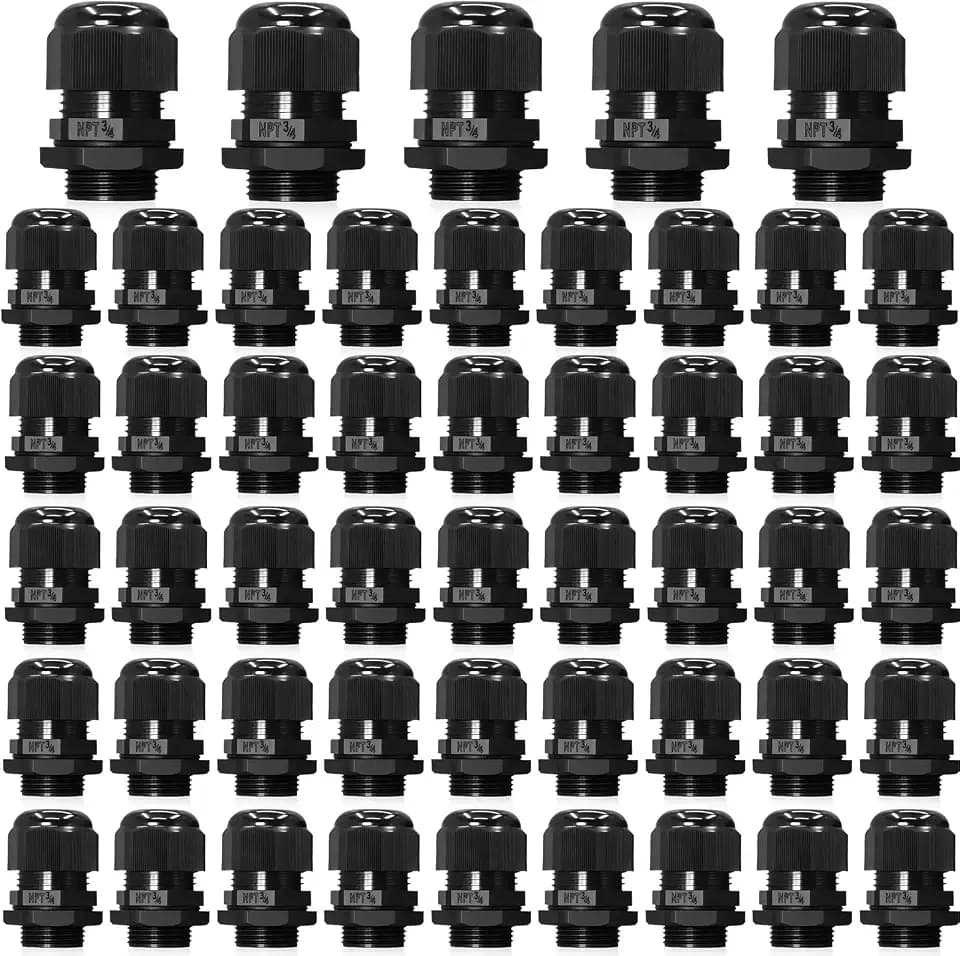50 Pcs 3/4" NPT Black Adjustable Cable Glands - IP68 Waterproof Electrical Connectors, Nylon Cord Grips Strain Relief for Electrical Box Use