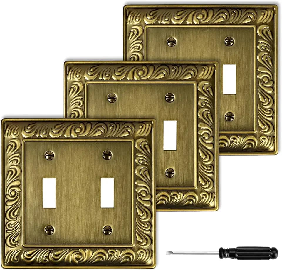 3-Pack Antique Brass Decorative Double Toggle Light Switch Cover Plate