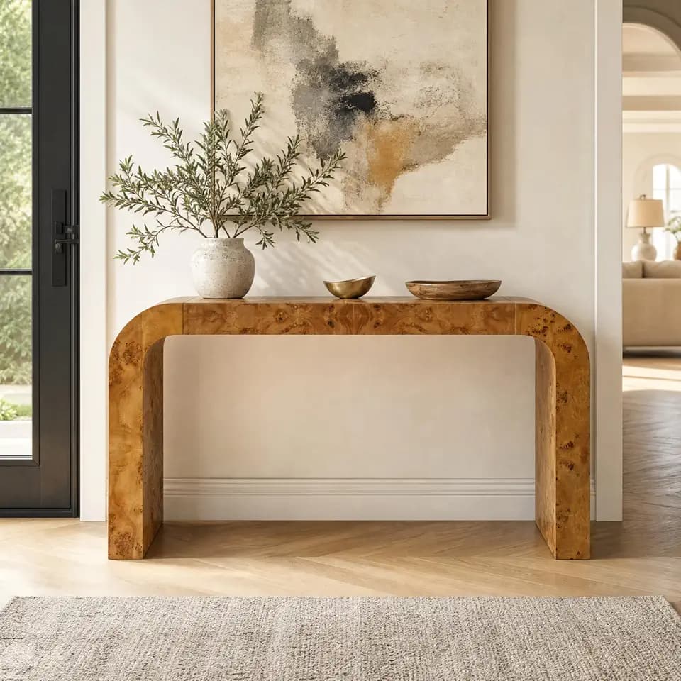 Merax 55" Burl Wood Waterfall Console Table, Mid Century Modern Entryway Table with 3.9" Thick Tabletop, Natural Wood Finish Sofa Table for Hallway Living Room