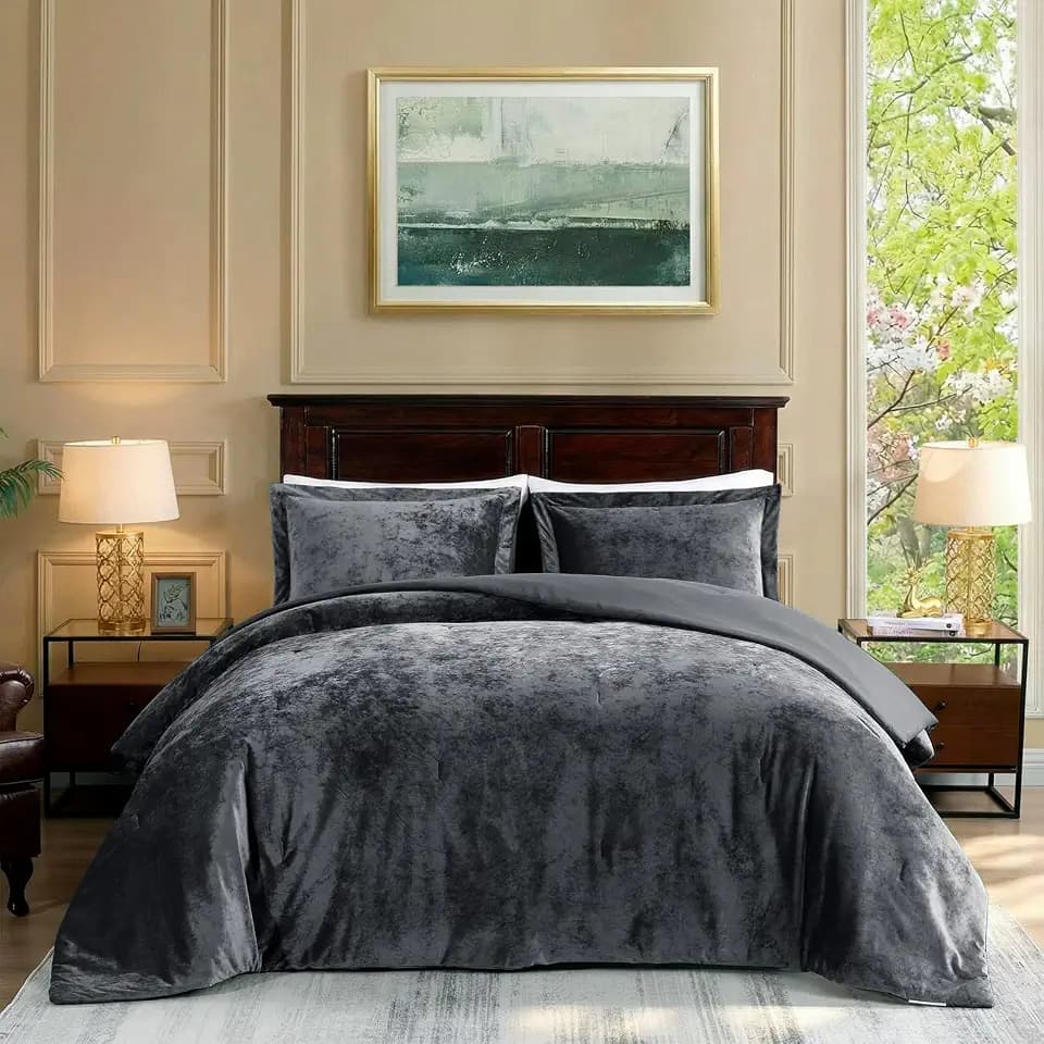 TAMGHO King Velvet Comforter Set, Luxuriously Soft King Size Comforter Set, Lightweight Bed Set for All Seasons, Oversized Comforter (108"x96") with 2 Matching Shams (20"x36"), Grey
