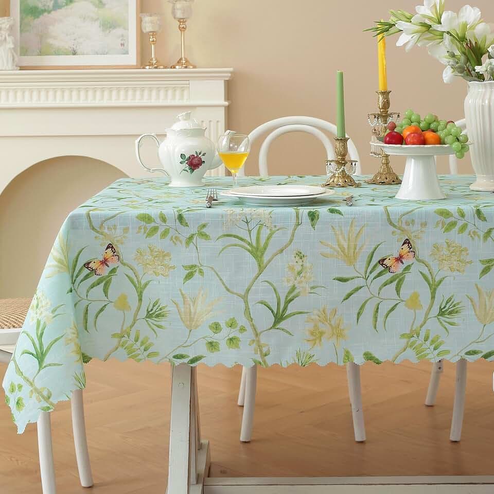 Rectangle Waterproof Tablecloth Linen Textured Table Cloth,Stain and Wrinkle Resistant Washable Fabric Table Cover for Dining, Party, Camping and Outdoor, 54 x 78 Inch, Green Leaves
