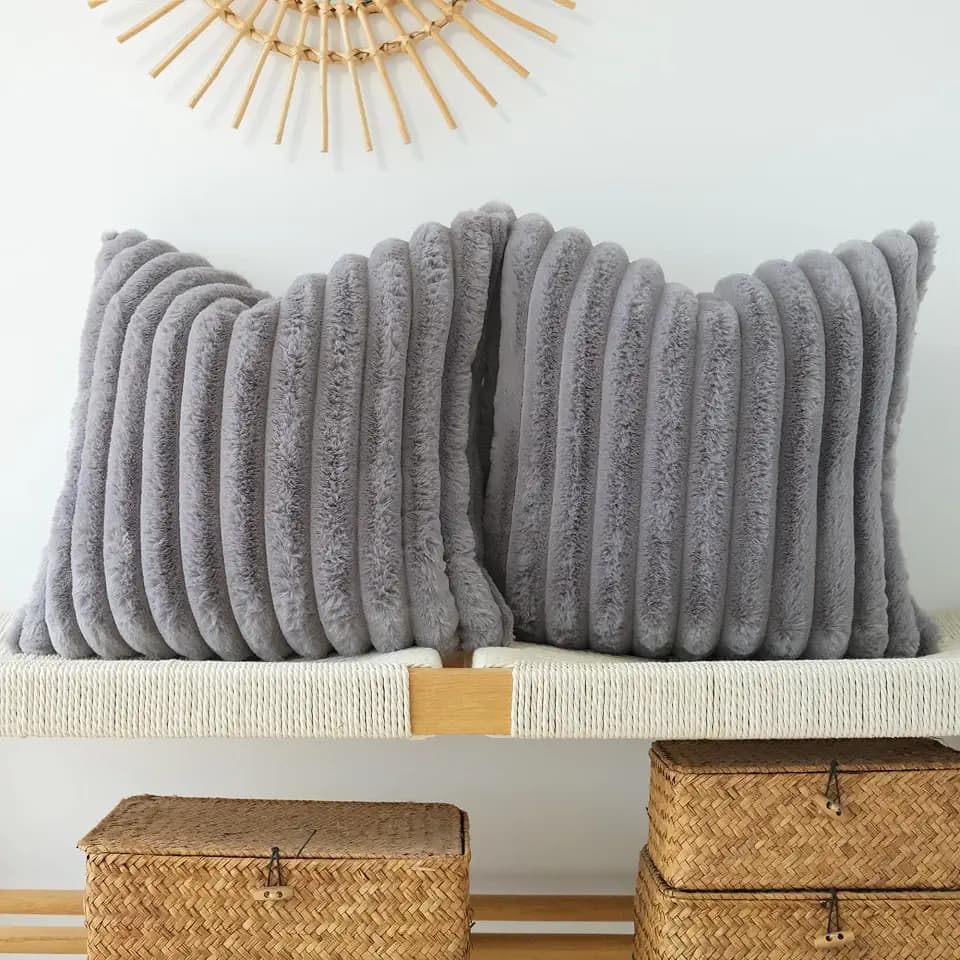 JOJUSIS Faux Fur Plush Throw Pillow Covers, Grey, 24 x 24-Inch
