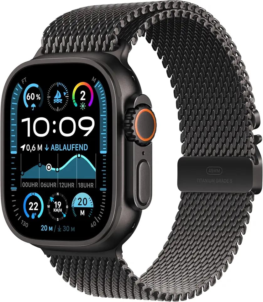 Apple Watch Ultra 2 (GPS + Cellular 49 mm) Smartwatch, Sportuhr mit Titangehäuse in Schwarz und Milanaise Armband in Titan (M). Fitnesstracker, präzises GPS, Actiontaste, COâ‚‚ neutral