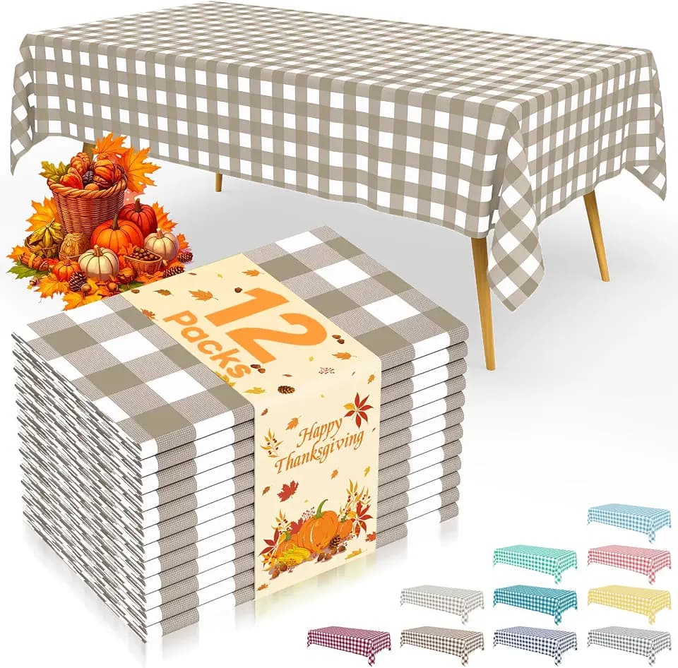 Smiry 12 Packs Gingham Disposable Table Cloth, 54 x 108 Inch Waterproof Plastic Tablecloth, Rectangle Khaki and White Checkered Table Covers for Outdoor, Birthday, Party