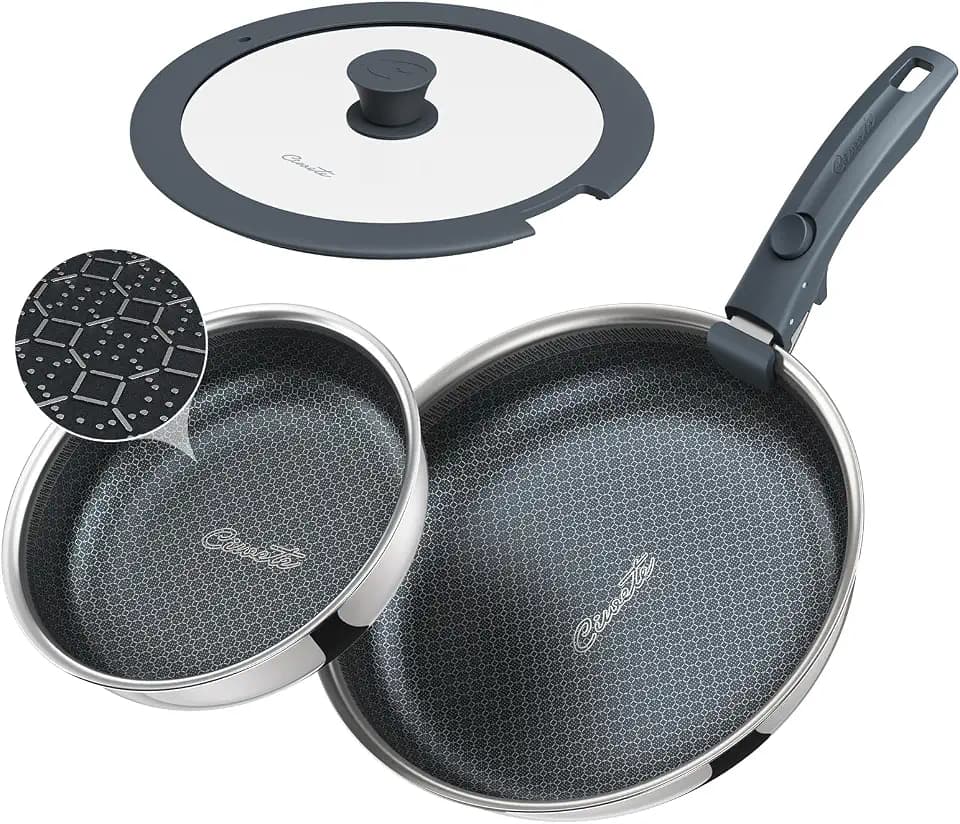 Ciwete Hybrid Non Stick Frying Pans Set 4-Piece, 8 & 10 Inch Tri-Ply Stainless Steel Pans with Lid and Detachable Handle, PFOA Free Skillets for All Cooktops, Dishwasher & Oven-Safe Cookware Set